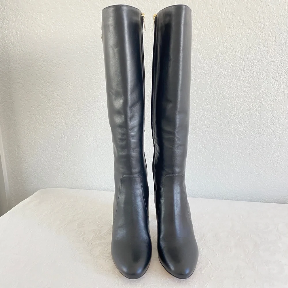Jimmy choo black leather logo Knee high boots